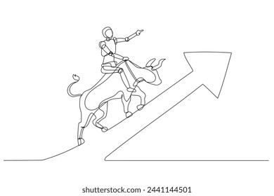 Robot riding a bull in motion, moving upwards along the direction of a large arrow. Symbolizes upward progress or positive momentum