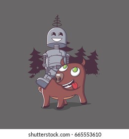 Robot riding on dog | editable vector illustration
