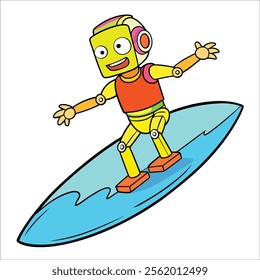 A robot riding a surfboard on a big wave