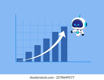 Robot with rising profit growth graph. Investment profit growth, technology, financial advisor. Make money to get rich or increase earning or income. Vector illustration