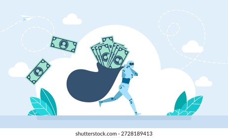 Robot ladrón. Robot ladrón con máscara huye con bolsa de dinero. Robar el concepto de crimen financiero. Ladrón de inteligencia artificial robando maletín con dinero. Ilustración vectorial