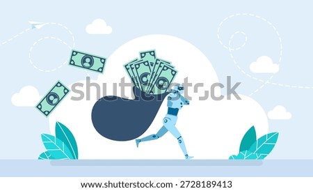 Robot robber. Robot thief in mask run away with money bag. Stealing finance crime concept. Artificial intelligence thief stealing briefcase with money. Vector illustration
