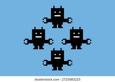 Robot robótico o ai humanoide concepto negocio enginner automatización con bot, juguete, inteligencia artificial, píxel, 8 bits, fondo, dibujos animados.