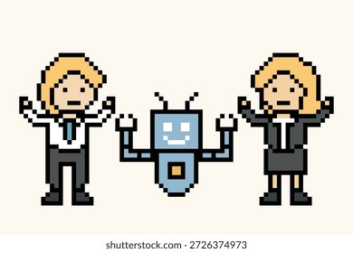 Robot robótico o ai humanoide humano concepto de negocio enginner automatización con bot, juguete, inteligencia artificial, píxel, 8 bit, fondo, colorido, hombre de negocios.