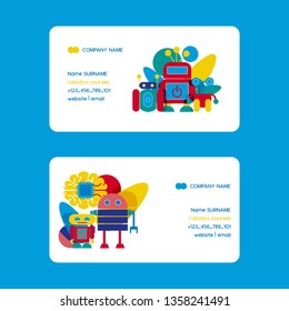 Robot, robotic brain with chip, heart, friend design for kid party set of business cards vector illustration. Celebration. Futuristic artificial intelligence technology. Gear, screw.