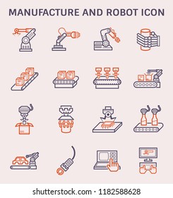 Robot or robotic icon such as arm, hand, production line, box packaging, automotive production, computer control and other product manufacturing, vector icon set design, black and expand line icon.