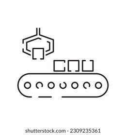 Robot or robotic icon such as arm, hand, production line, box packaging, automotive production, computer control and other product manufacturing, vector icon