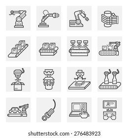 Robot Or Robotic Icon Such As Arm, Hand, Production Line, Box Packaging, Automotive Production, Computer Control And Other Product Manufacturing, Vector Icon Set Design, Black And Expand Line Icon.