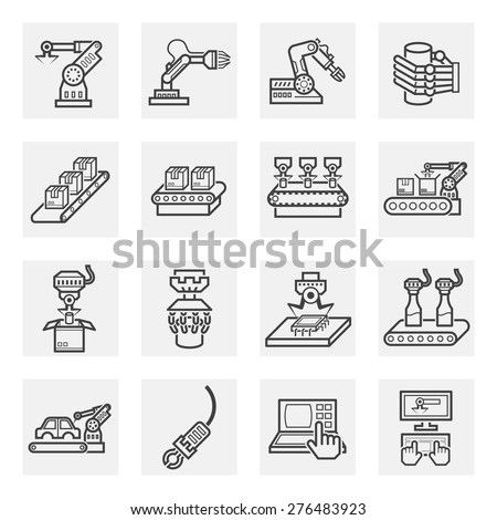 Robot or robotic icon such as arm, hand, production line, box packaging, automotive production, computer control and other product manufacturing, vector icon set design, black and expand line icon.