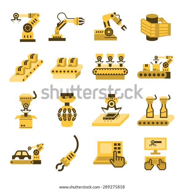 Robot or robotic icon such as arm, hand, production\
line, box packaging, automotive production, computer control and\
other product manufacturing, vector icon set design, black and\
expand line icon.