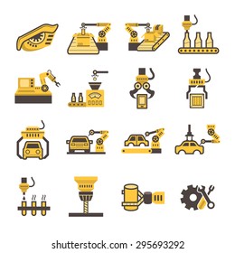 
Robot or robotic icon such as eye, hand, arm, computer control, automotive production, beverage production and other vector icon set design, black and expand line icon.