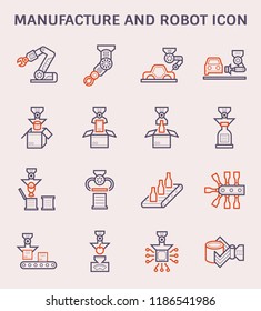 Robot or robotic icon such as hand, arm, automotive manufacturing, food processing, beverage manufacturing and packaging vector icon set design, black and expand line icon.