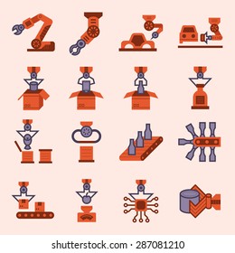 Robot or robotic icon such as hand, arm, automotive manufacturing, food processing, beverage manufacturing and packaging vector icon set design, black and silhouette icon.
