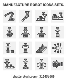 Robot Or Robotic Icon Such As Hand, Arm, Automotive Manufacturing, Food Processing, Beverage Manufacturing And Packaging Vector Icon Set Design, Black And Silhouette Icon.