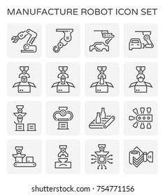 Robot or robotic icon such as hand, arm, automotive manufacturing, food processing, beverage manufacturing and packaging vector icon set design, black and editable line stroke icon.