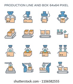 Robot or robotic part and working icon such as hand, arm, box packaging and production line vector icon set design, black and editable line stroke.