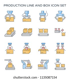 Robot or robotic part and working icon such as hand, arm, box packaging and production line vector icon set design, black and editable line stroke.