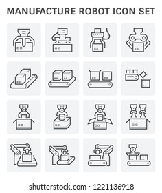 Robot or robotic part and working icon such as hand, arm, box packaging and production line vector icon set design, black and editable line stroke.