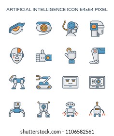 Robot or robotic technology and part icon such as face, head, eye, hand, arm, and cute pet vector icon set design, 64x64 pixel perfect and editable stroke.