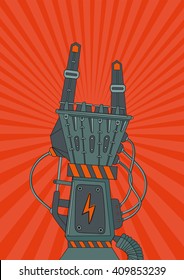 Robot Rock. Vintage Music Poster With Metallic Hand.  Retro Background For Fans.