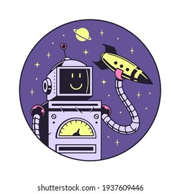 ROBOT WITH A ROCKET IN HIS HAND BADGE COLOR WHITE BACKGROUND