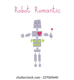 Robot romantic love, he has a big heart sensitive. vector illustration