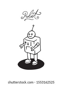 Robot in round shape outline drawing logo symbol illustration. Single humanoid machine hand drawn toy or cartoon character. Simple small robotic monster icon. Digital mechanic friend with letters word