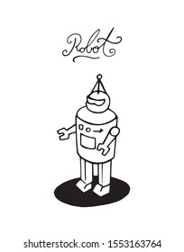 Robot in round shape outline drawing logo symbol illustration. Single humanoid machine hand drawn toy or cartoon character. Electric simple small friend with letters text above. Robotic decoration art