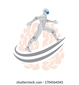 Robot running around human brain, vector