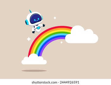 Robot running on colorful rainbow in the sky. Imagination and creativity to build hope and bright future. Flat vector illustration