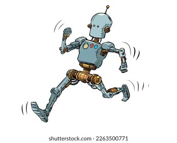 Der Roboter läuft am roten Teppich entlang. Leader Hero Pop Art Retro Vektorgrafik 50er 60er Jahre Kitsch Vintage Stil
