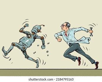 The robot runs away from the scientist man. Artificial intelligence and people concept. Lab Escape. Pop Art Retro Vector Illustration Kitsch Vintage 50s 60s Style