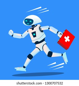 Robot Runs With A Medical Kit, Ambulance Vector. Isolated Illustration