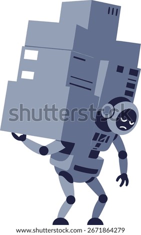 A robot, with a sad face, struggles to carry a large, geometric structure. The robot is gray and blue.