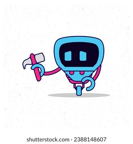 Robot sad holding hammer. Flat design, cartoon mascot character design.