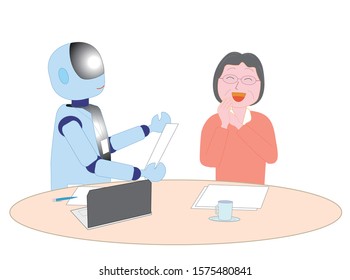 A robot salesman with artificial intelligence is talking to seniors about business.