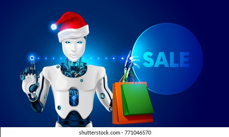 the robot in the Santa Claus hat holding gift bags in hand. Christmas sale in online store. Advertising banner. E-Commerce and marketing