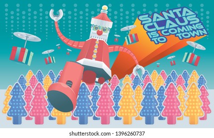 Robot Santa and flying mechanical presents is coming to town, with different colors backgrounds. Horizontal composition.