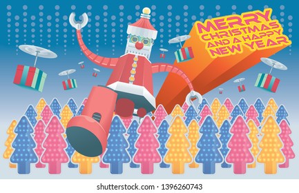 Robot Santa and flying mechanical presents is coming to town, with different colors backgrounds. Horizontal composition.