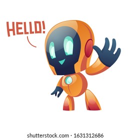 Robot say hello and waving hand to user, cute friendly ai chatbot customer support and online consultation Futuristic innovation, artificial intelligence digital technology Cartoon vector illustration