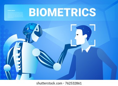 Robot Scanning Man Face Biometric Identification Access Control Technology Recognition System Concept Vector Illustration