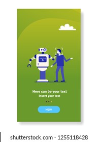 robot scanning man face getting access face identification scanning biometric technology recognition system concept vertical flat copy space