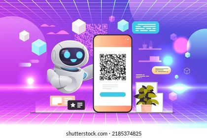 robot scanning QR code on smartphone screen readable barcode verification artificial intelligence technology