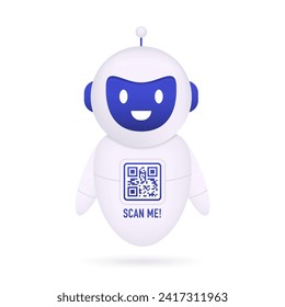 Robot scanning QR code. Scan me frame. AI servers and robot technologies. Voice support service bot. Robot assistant and QR code for website or mobile application customer support. Vector illustration