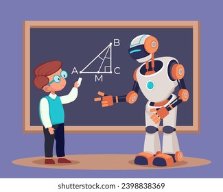 Robot and school boy near blackboard in classroom. Flat vector illustration. Robot teacher helping kid to solve mathematical task. Artificail intelligence in education concept