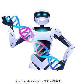 robot scientist holding DNA spiral robotic researcher making experiment in lab DNA testing genetic diagnosis