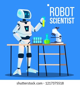 Robot Scientist Laboratory Chemist Standing With Flasks Vector. Isolated Illustration