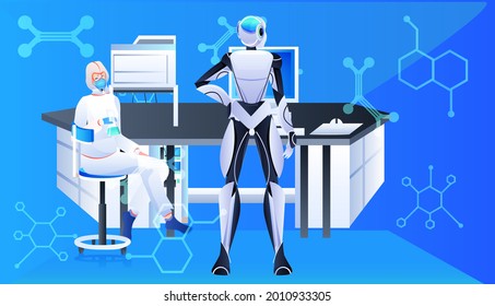 robot con científico en traje protector que hace experimentos en ingeniería genética de laboratorio concepto de inteligencia artificial