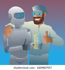 The robot and scientist save the planet earth. Vector illustration