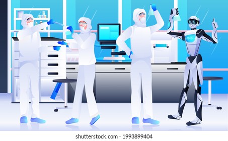 robot with scientists in protective suits making experiments in lab genetic engineering artificial intelligence concept